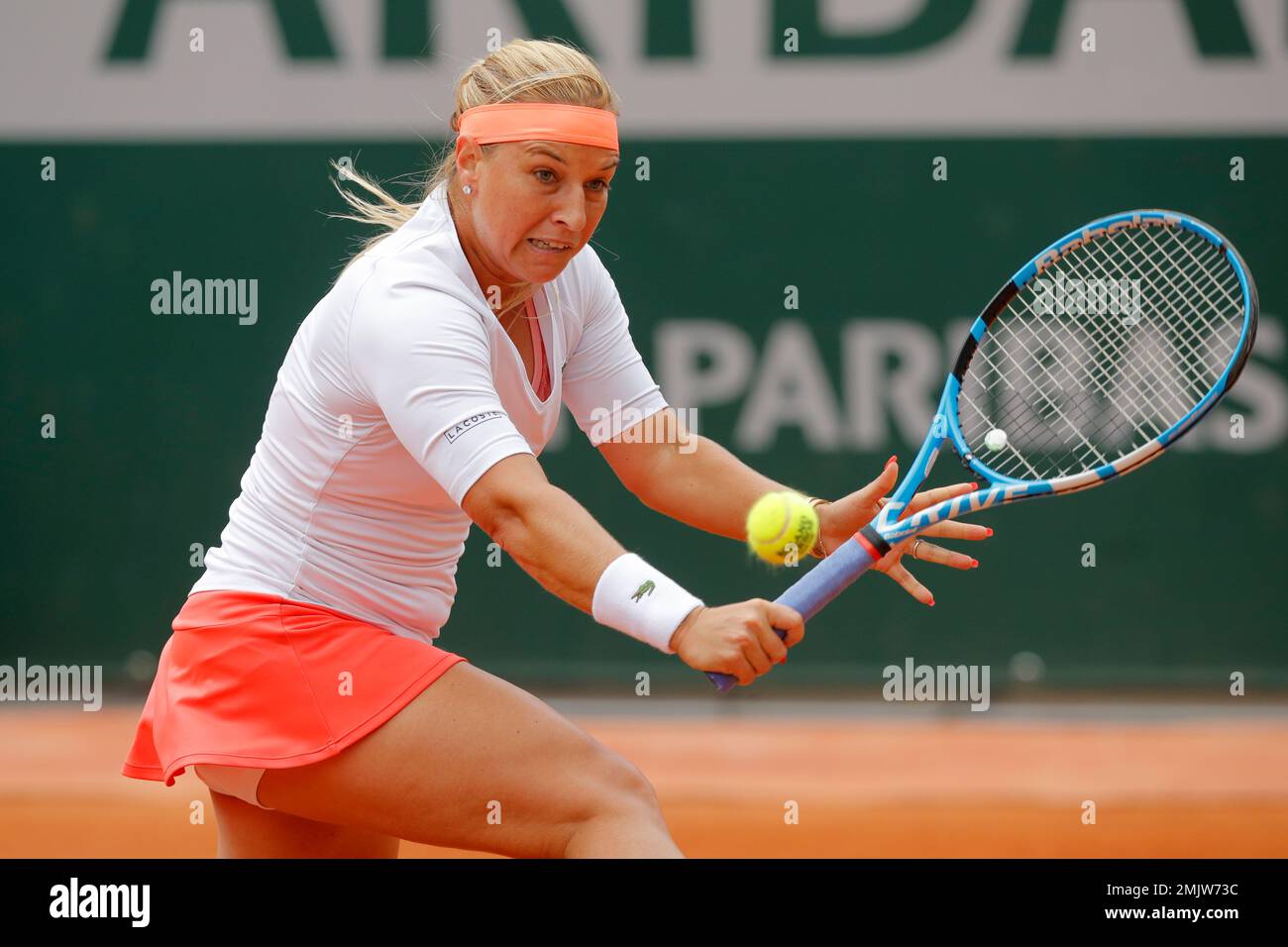 Slovakia's Dominika Cibulkova plays a shot against Aryna Sabalenka of  Belarus during their first round match of the French Open tennis tournament  at the Roland Garros stadium in Paris, Tuesday, May 28,