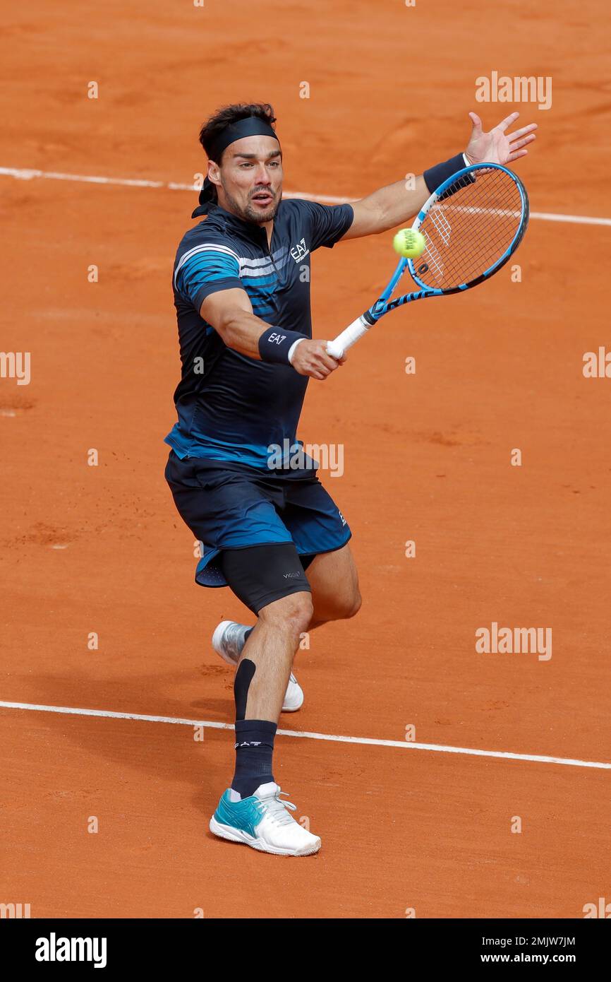 Italy's Fabio Fognini plays a shot against Italy's Andreas Seppi during  their first round match of the French Open tennis tournament at the Roland  Garros stadium in Paris, Tuesday, May 28, 2019. (