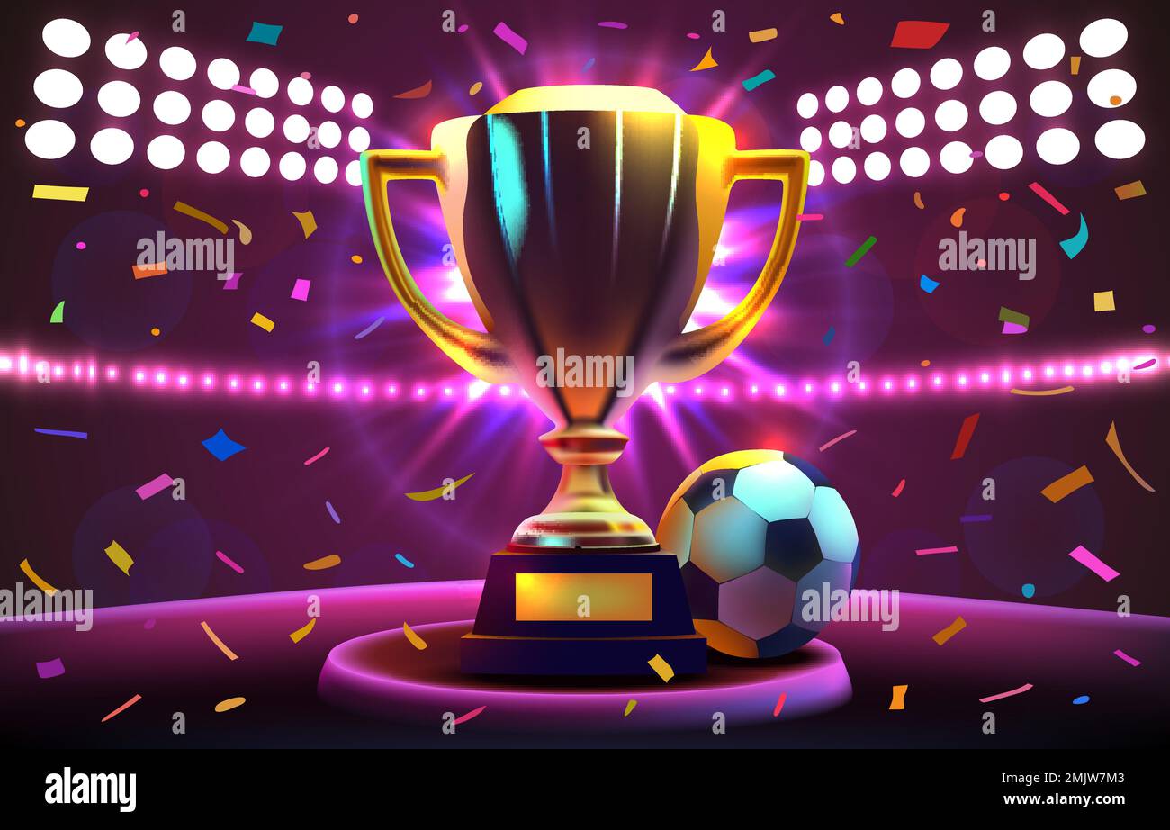 Golden cup of the winner on the football field. Vector illustration