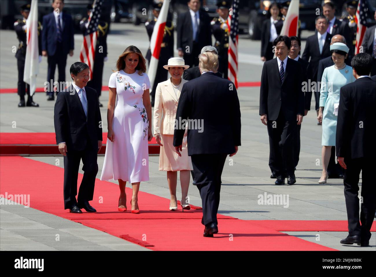 President Donald Trump and first lady Melania Trump participate with  Japanese Emperor Naruhito and Japanese Empress Masako in a Imperial Palace  welcome ceremony Monday, May 27, 2019, in Tokyo. (AP Photo/Evan Vucci