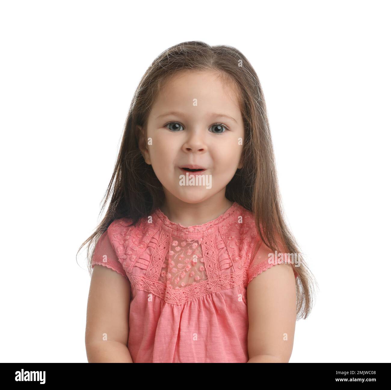 Portrait of cute little girl on white background Stock Photo - Alamy