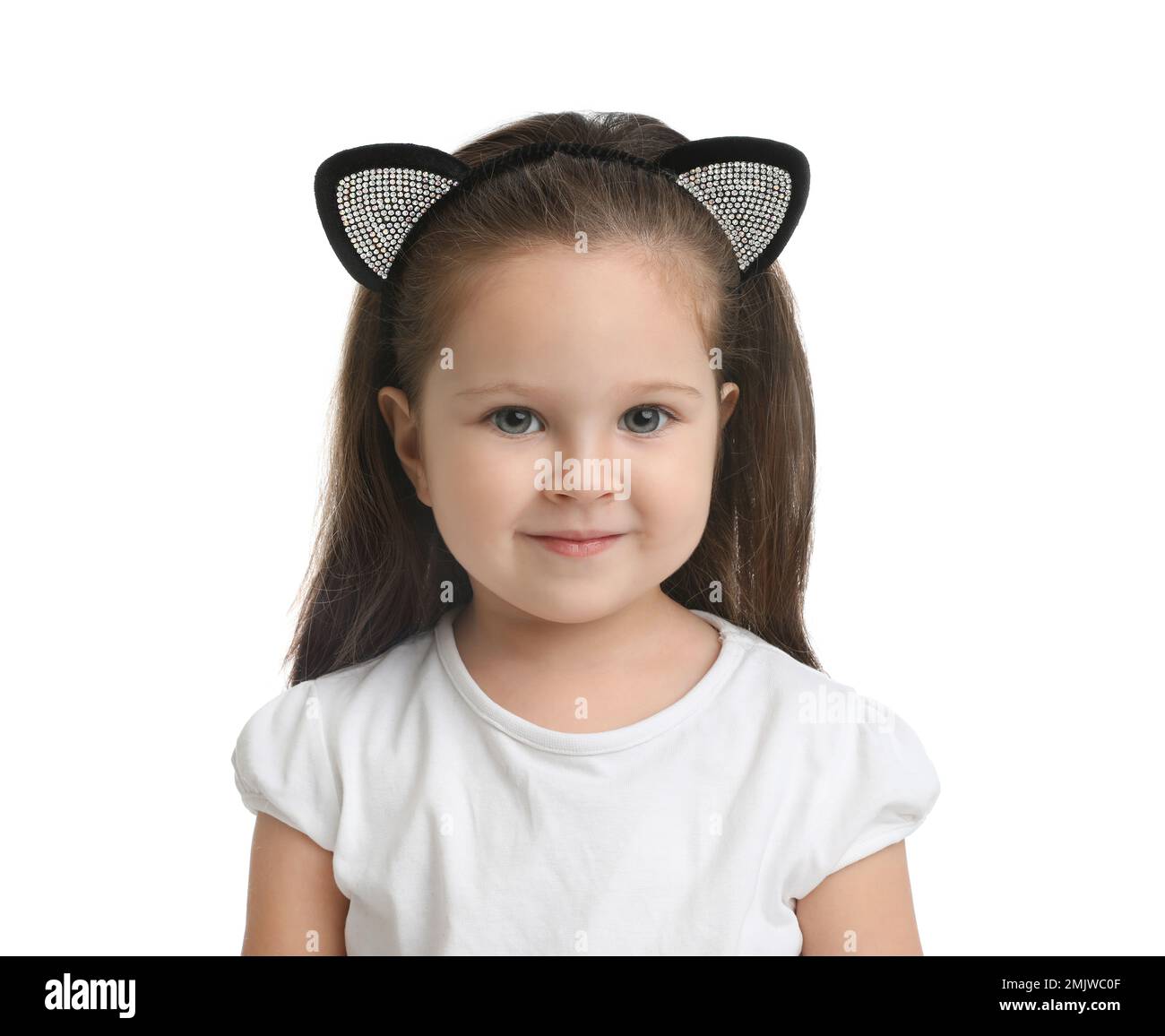 Portrait of cute little girl on white background Stock Photo - Alamy