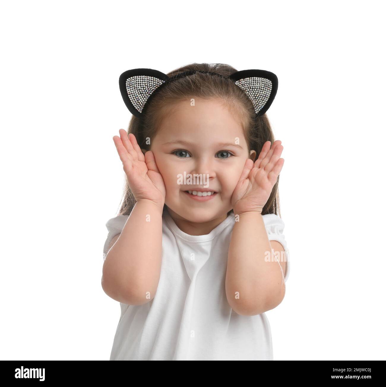 Portrait of cute little girl on white background Stock Photo - Alamy