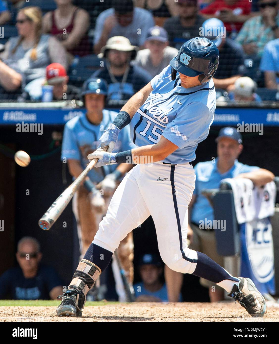 North Carolina's Michael Busch (15) swings at a pitch during the NCAA
