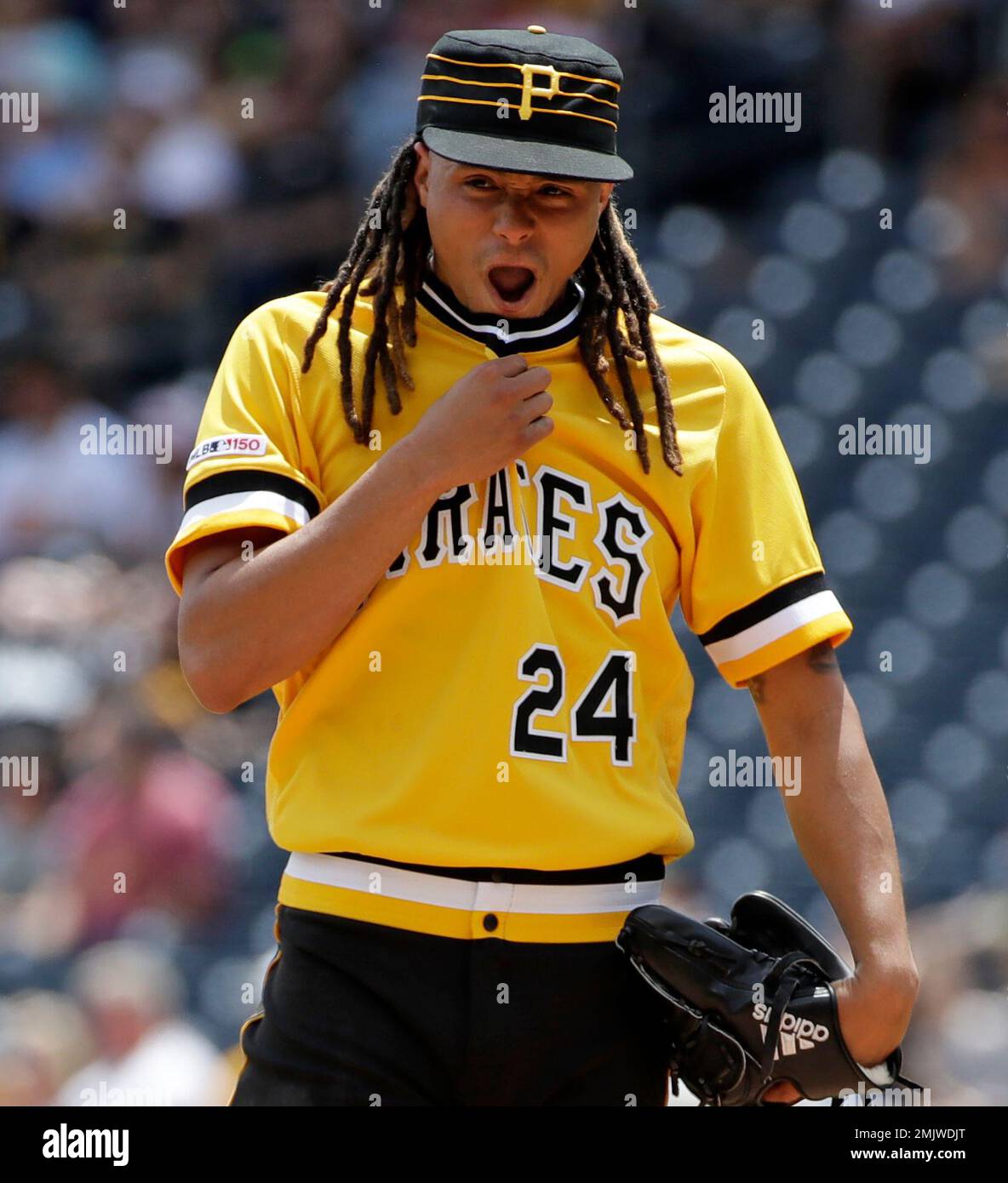 Pittsburgh Pirates starting pitcher Chris Archer collects himself on the  mound after giving up a solo home run to Los Angeles Dodgers' Corey Seager  during the second inning of a baseball game