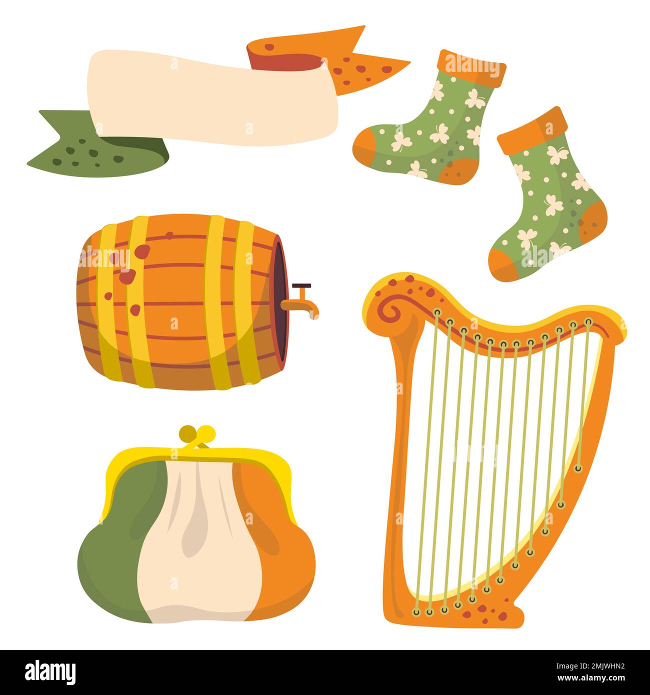 st patrick illustration set harp purse irish flag keg Stock Vector
