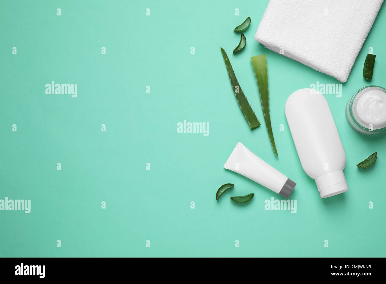 Flat lay composition with aloe vera and cosmetic products on turquoise ...