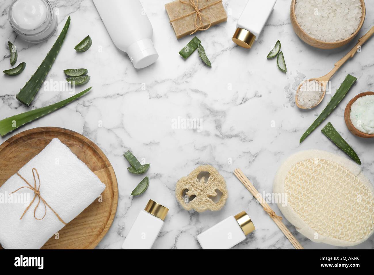 Flat lay composition with aloe vera and cosmetic products on white ...