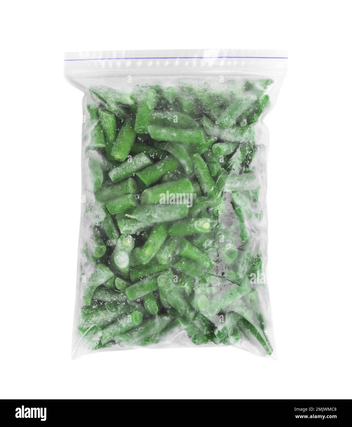 Frozen green beans in plastic bag isolated on white, top view