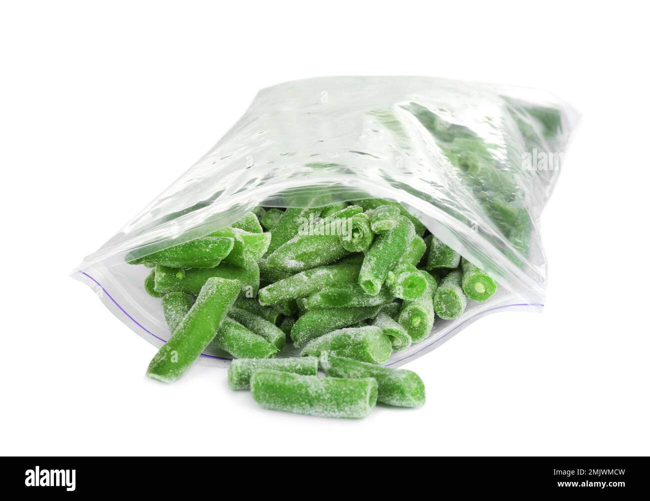 Frozen green beans in plastic bag isolated on white. Vegetable