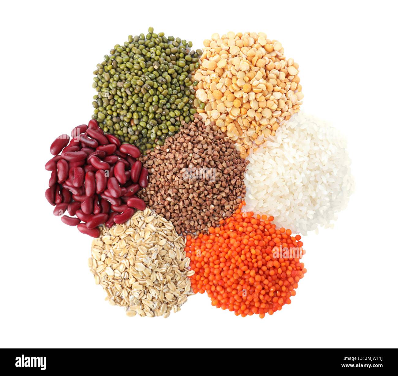 Different types of legumes and cereals on white background, top view