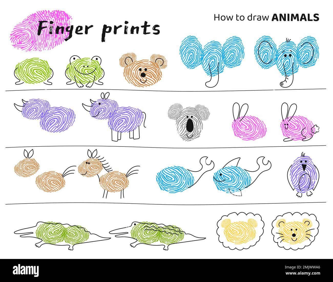 Finger prints art. Task for kids how to make different Animals Stock