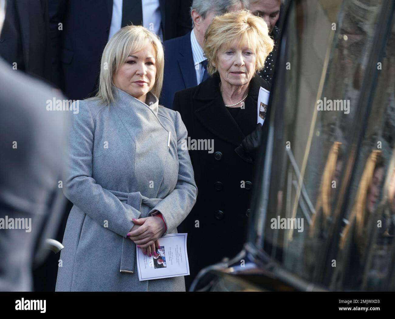 Sinn Fein vice president Michelle O'Neill (left) after the Service of Thanksgiving at Bangor Abbey in Bangor, County Down for Alex and Ann Easton, the parents of Stormont Assembly member Alex Easton who died in a house fire in Co Down. Picture date: Saturday January 28, 2023. Stock Photo
