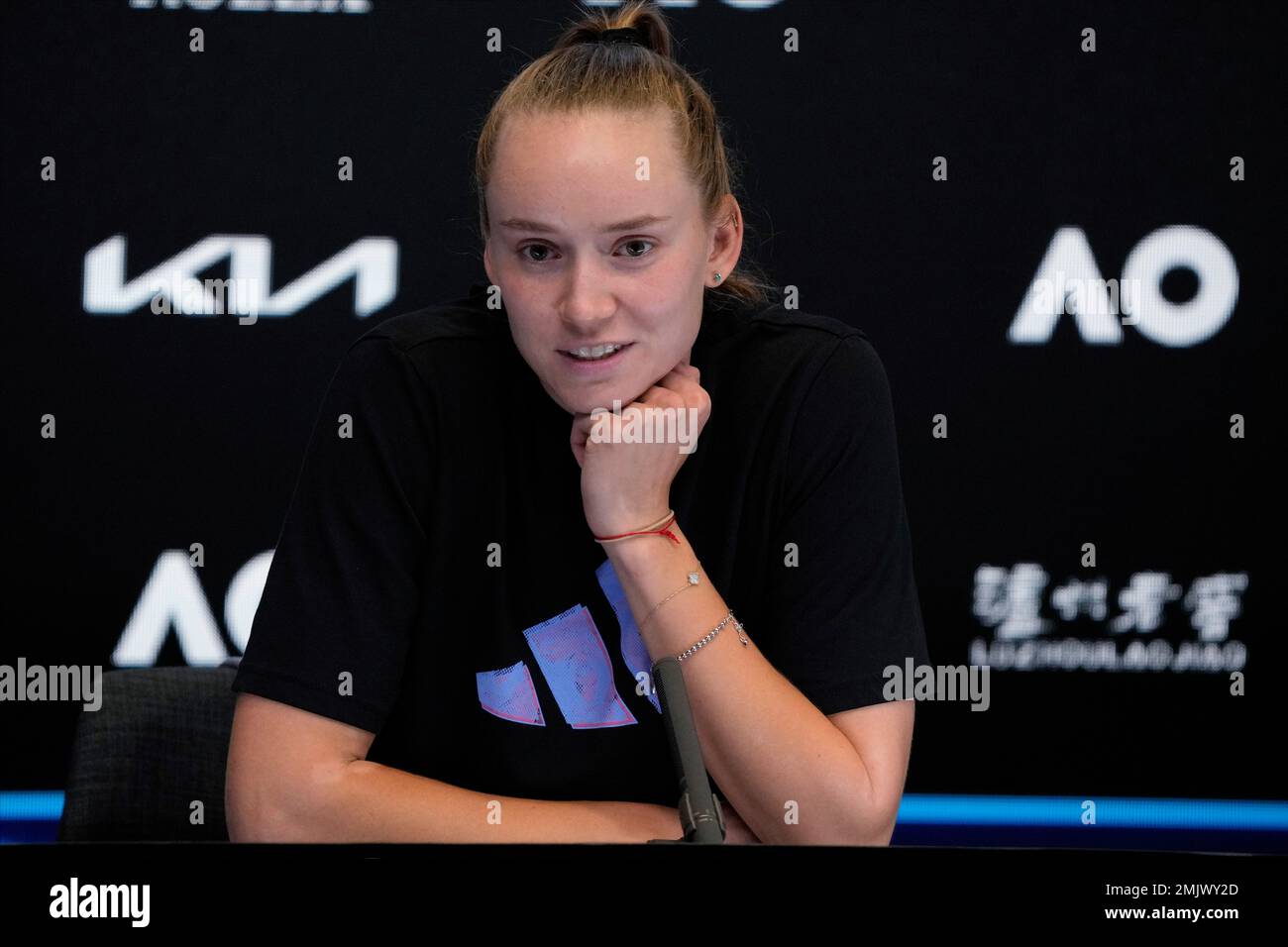 Elena Rybakina of Kazakhstan speaks during a press conference following her loss to Aryna Sabalenka of Belarus in the womens singles final at the Australian Open tennis championship in Melbourne, Australia, Saturday,