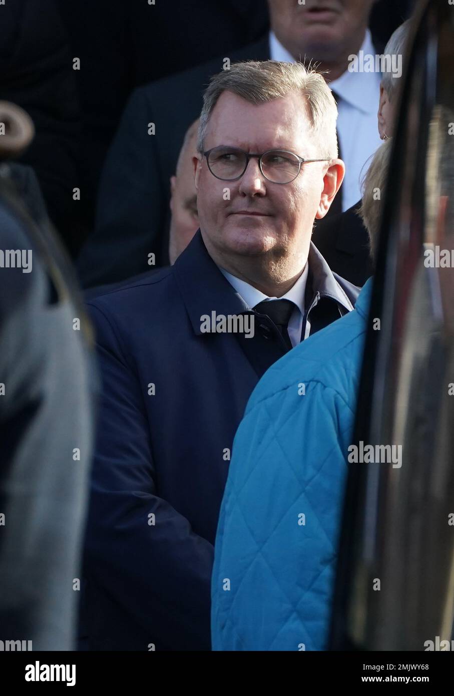 DUP leader Jeffrey Donaldson after the Service of Thanksgiving at Bangor Abbey in Bangor, County Down for Alex and Ann Easton, the parents of Stormont Assembly member Alex Easton who died in a house fire in Co Down. Picture date: Saturday January 28, 2023. Stock Photo