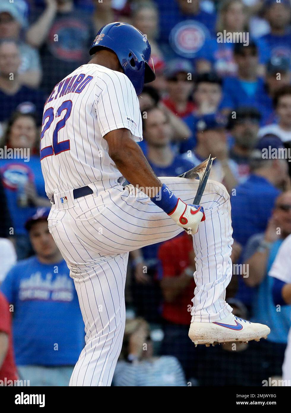 Los Angeles Dodgers' Jason Heyward breaks his bat as he grounds