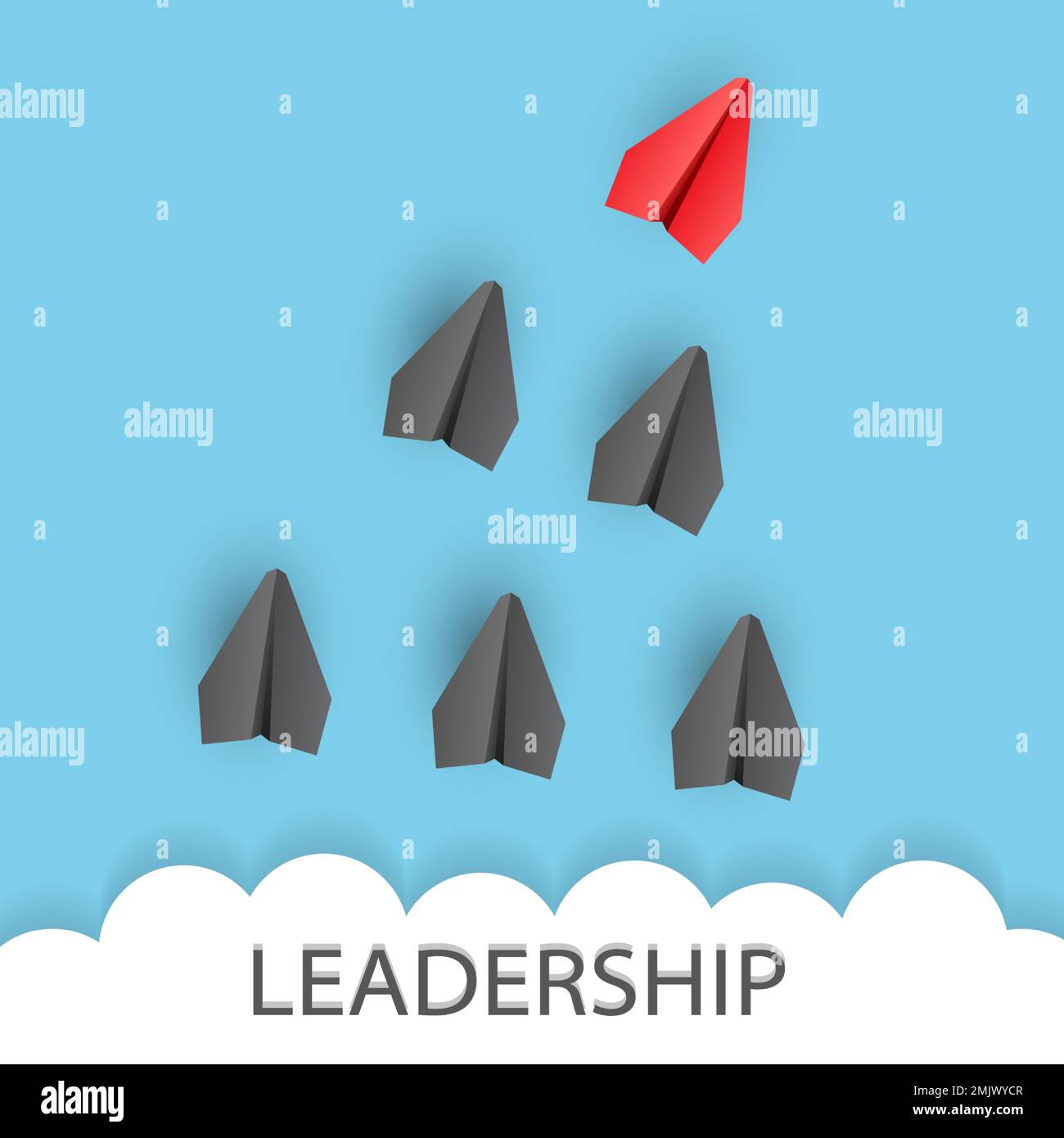 Leadership concept. Unique red leader paper plane lead other with word