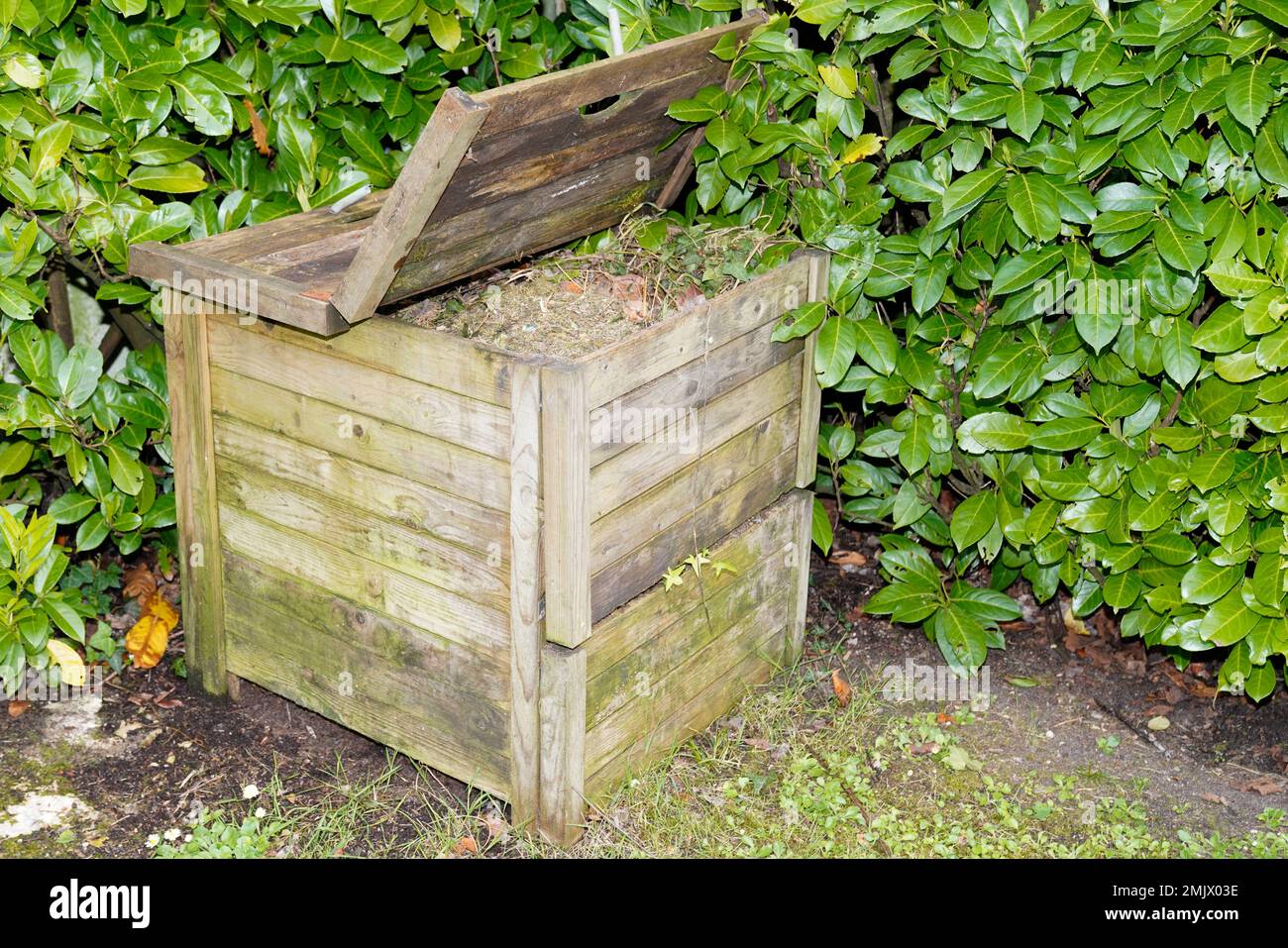 open wooden compost ecological bin with organic material Stock Photo