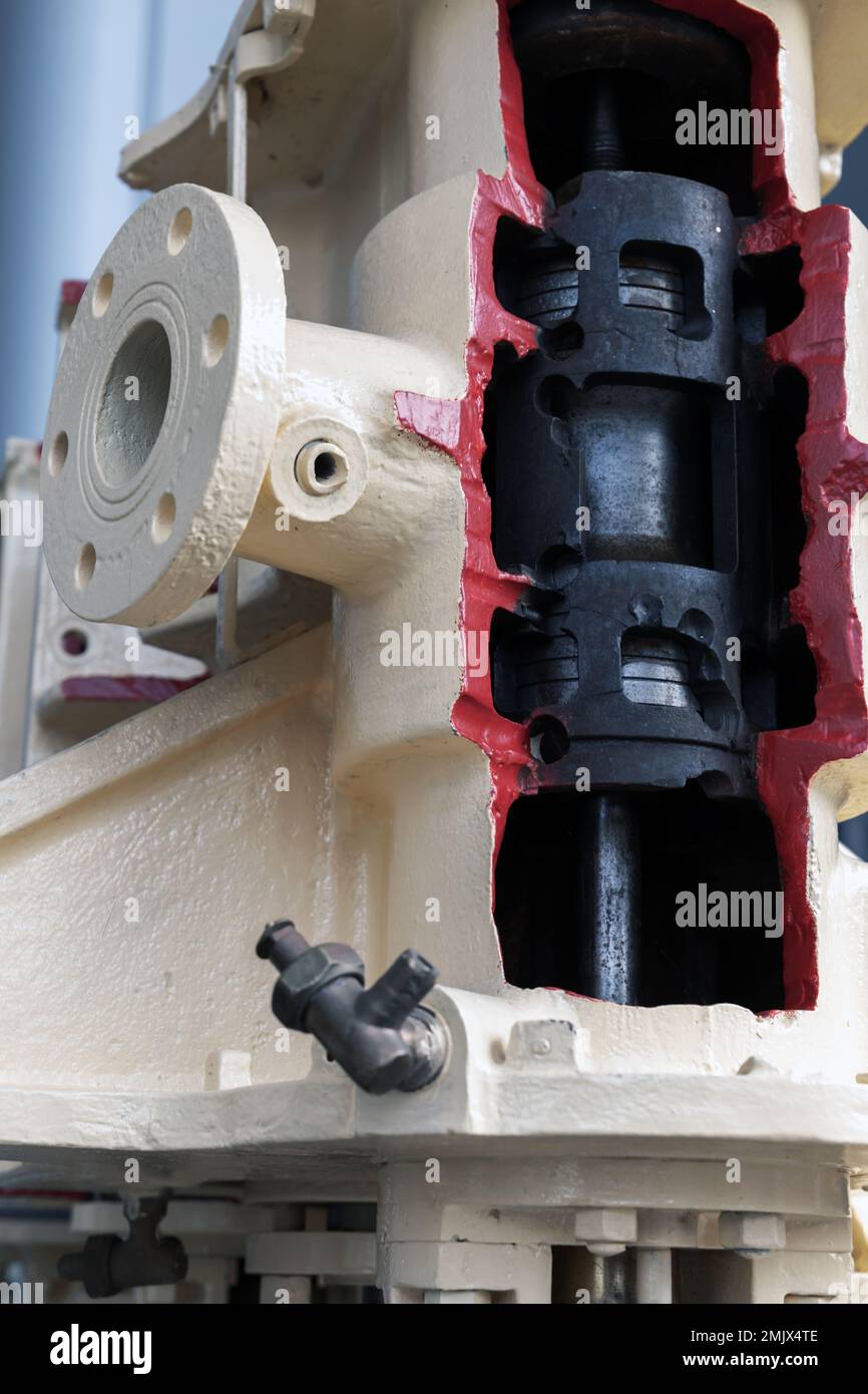 Abstract industrial background photo, flange and piston, ship engine