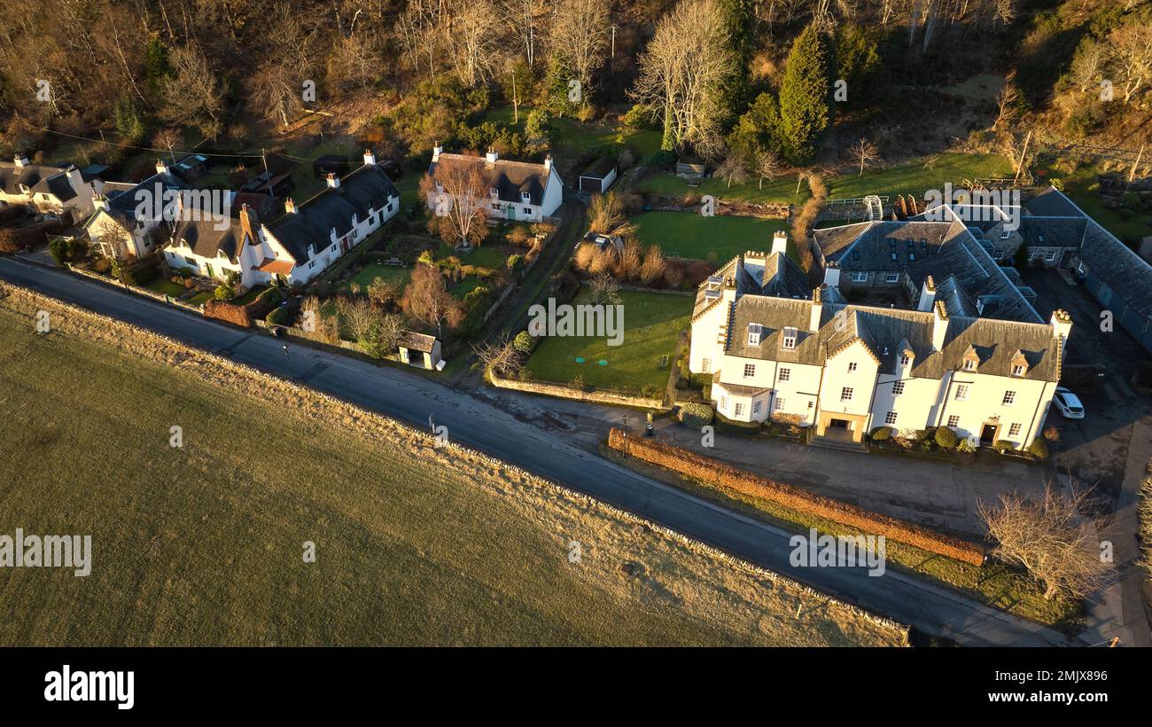Aerial view of Fortingall Hotel with houses in the Arts and Craft style