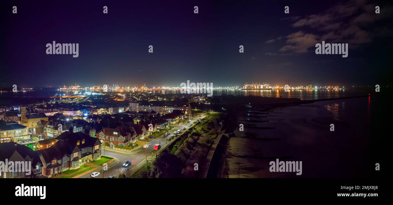 An aerial view of the ports of Harwich and Felixstowe at night in the