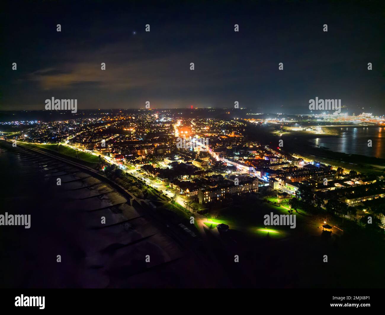 An aerial view of the ports of Harwich and Felixstowe at night in the