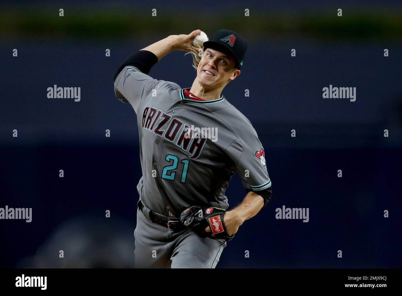 Arizona Diamondbacks starting pitcher Zack Greinke works against a San  Diego Padres batter during the first inning of a baseball game Tuesday, May  21, 2019, in San Diego. (AP Photo/Gregory Bull Stock