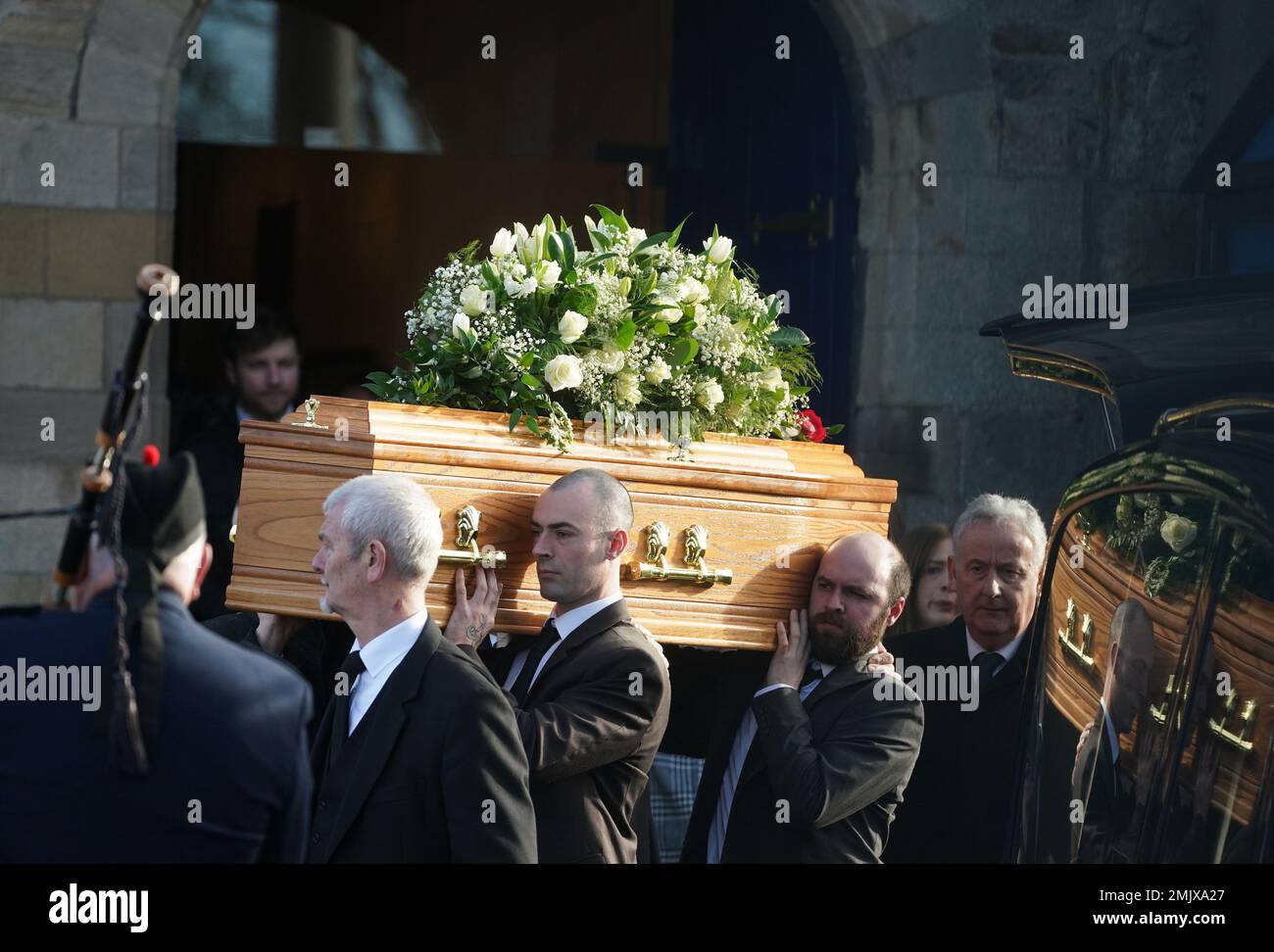 The coffins of Alex and Ann Easton leave after a Service of Thanksgiving at Bangor Abbey in Bangor, County Down, the parents of Stormont Assembly member Alex Easton died in a house fire in Co Down. Picture date: Saturday January 28, 2023. Stock Photo