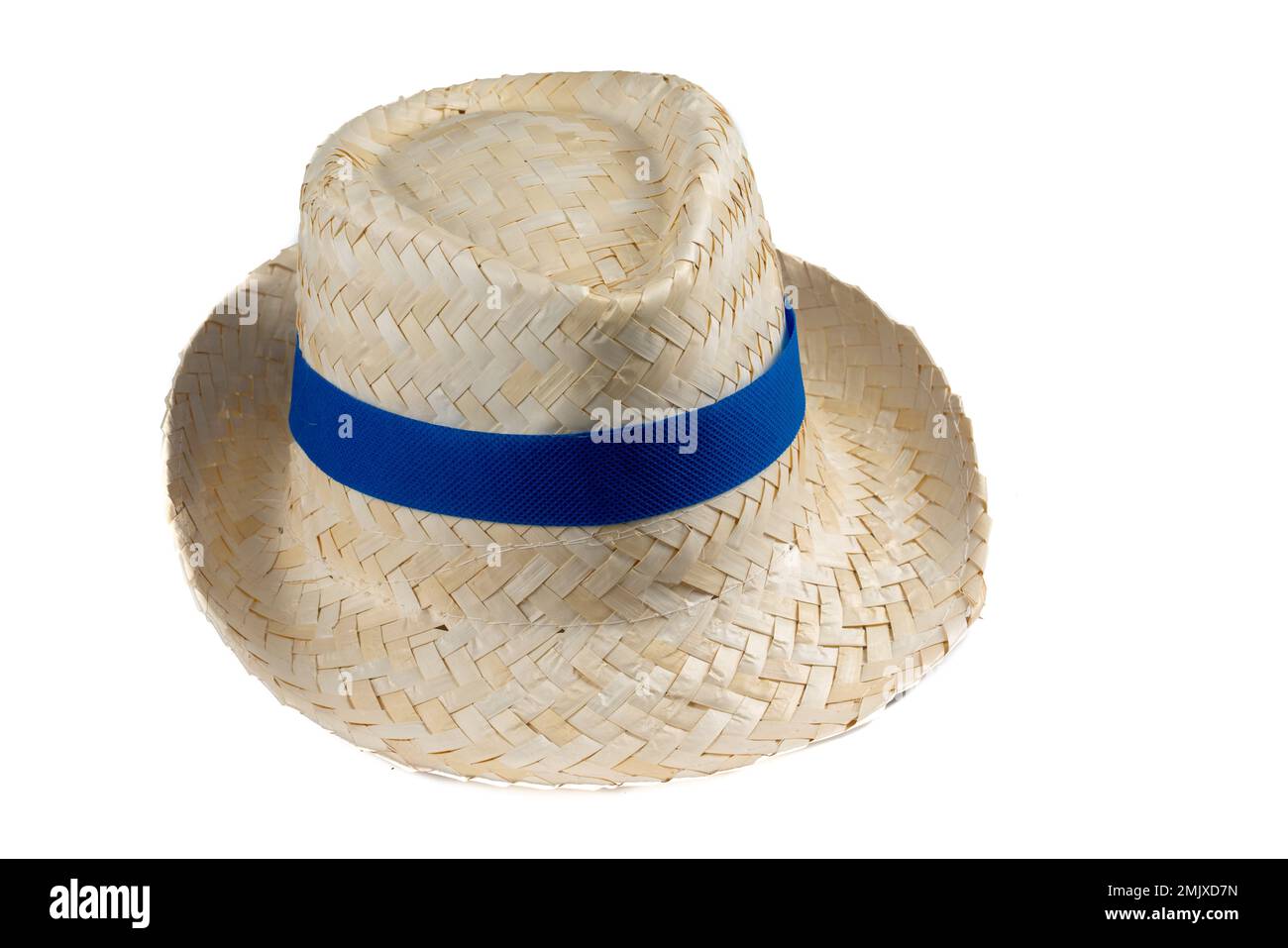 vintage summer straw hat with fashion classic blue ribbon Stock Photo