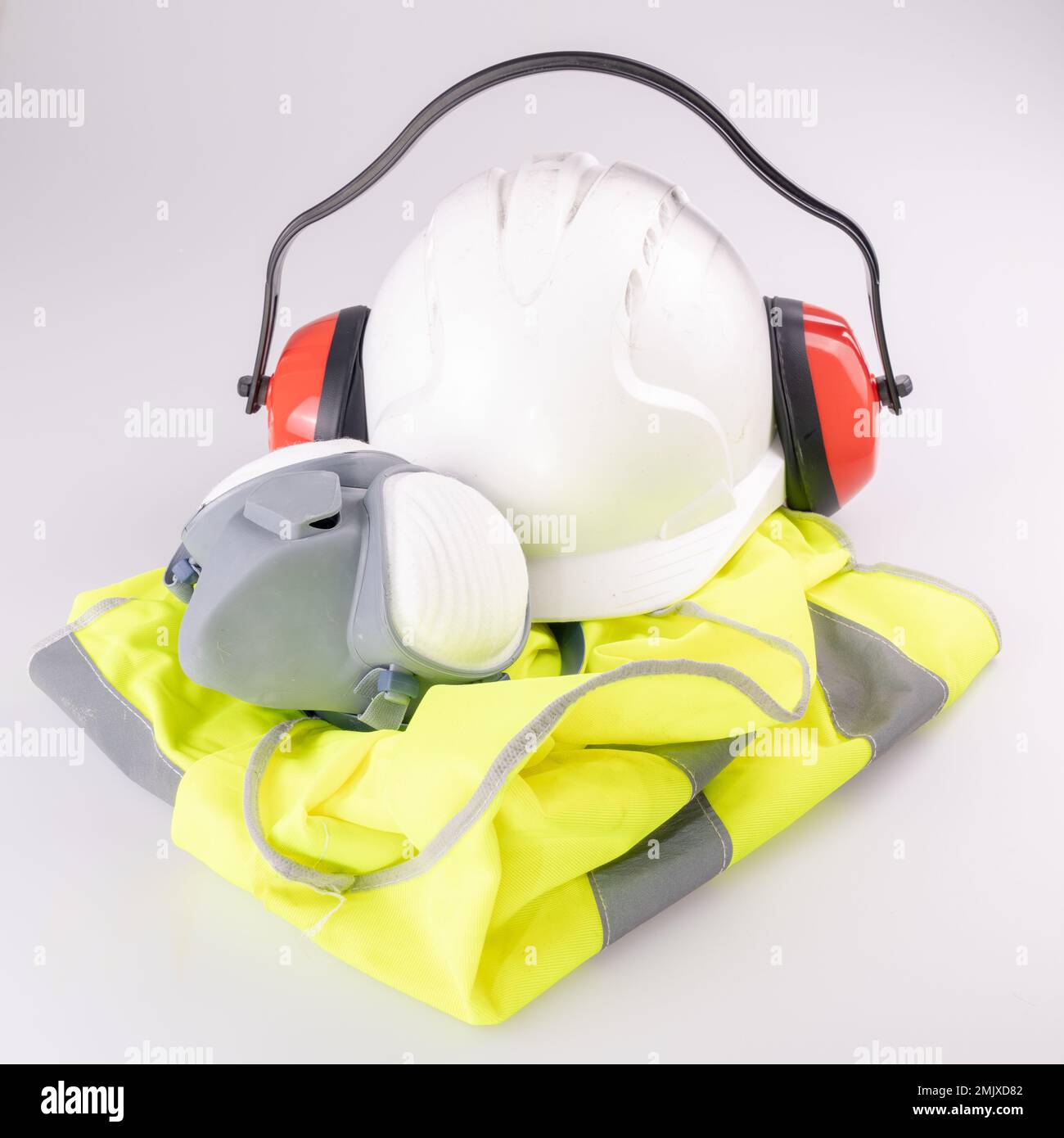 Standard construction safety equipment on table Stock Photo - Alamy