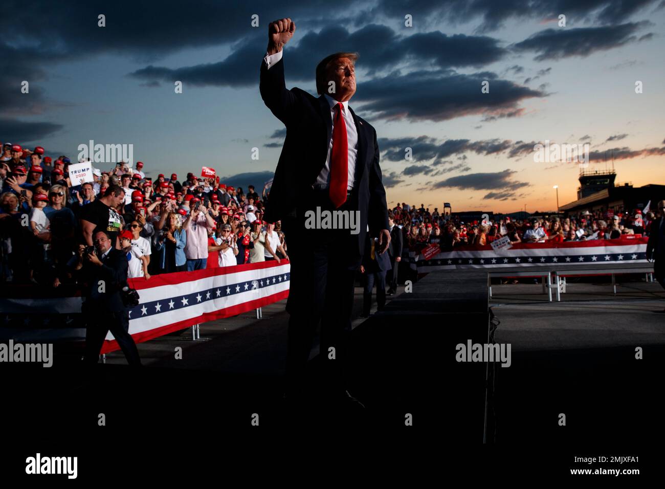 President Donald Trump waves to the crowd after speaking to a campaign ...