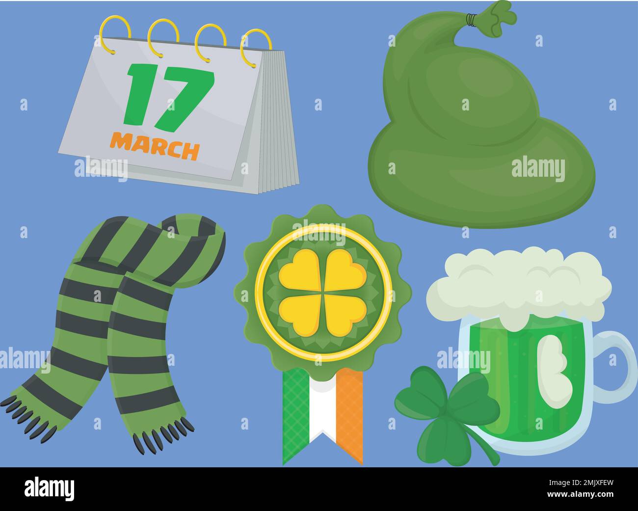 a set for saint patricks day includes callendar, bag, badge, glass of ale and scarf Stock Vector