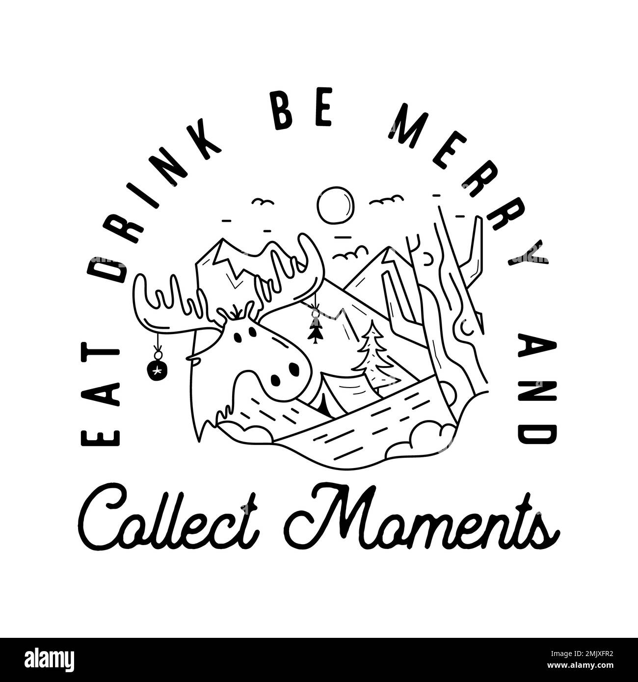 Mountain Camping christmas badge design with moose in line art style