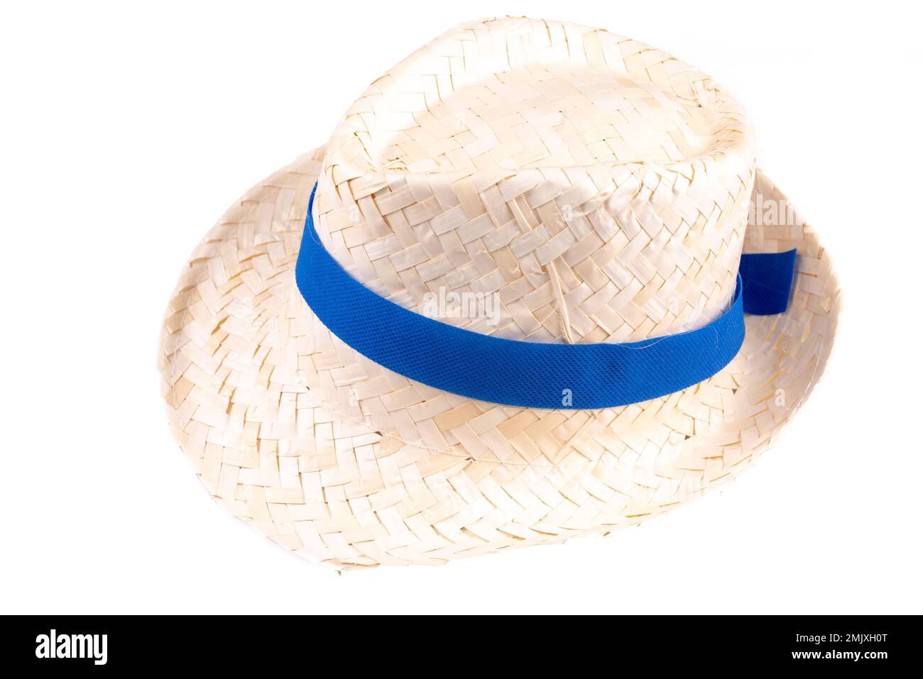 straw hat with blue ribbon on white background side view Stock Photo