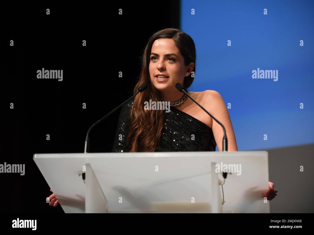 Anouchka Delon, daughter of Alain Delon, speaks at a ceremony ...