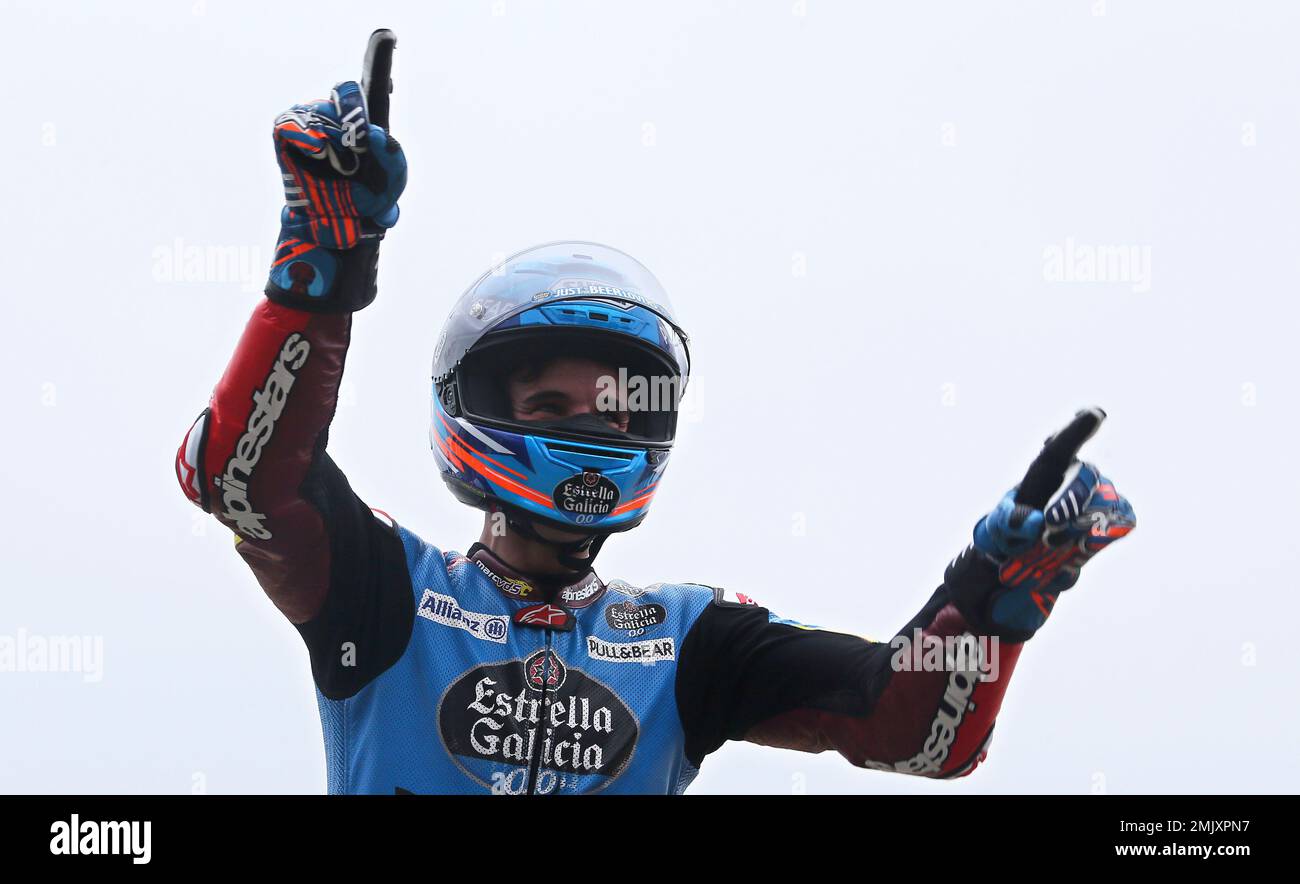 Rider Alex Marquez of Spain celebrates in front of the fans after winning  the Moto 2 race of the French Motorcycle Grand Prix at the Le Mans  racetrack, in Le Mans, France,