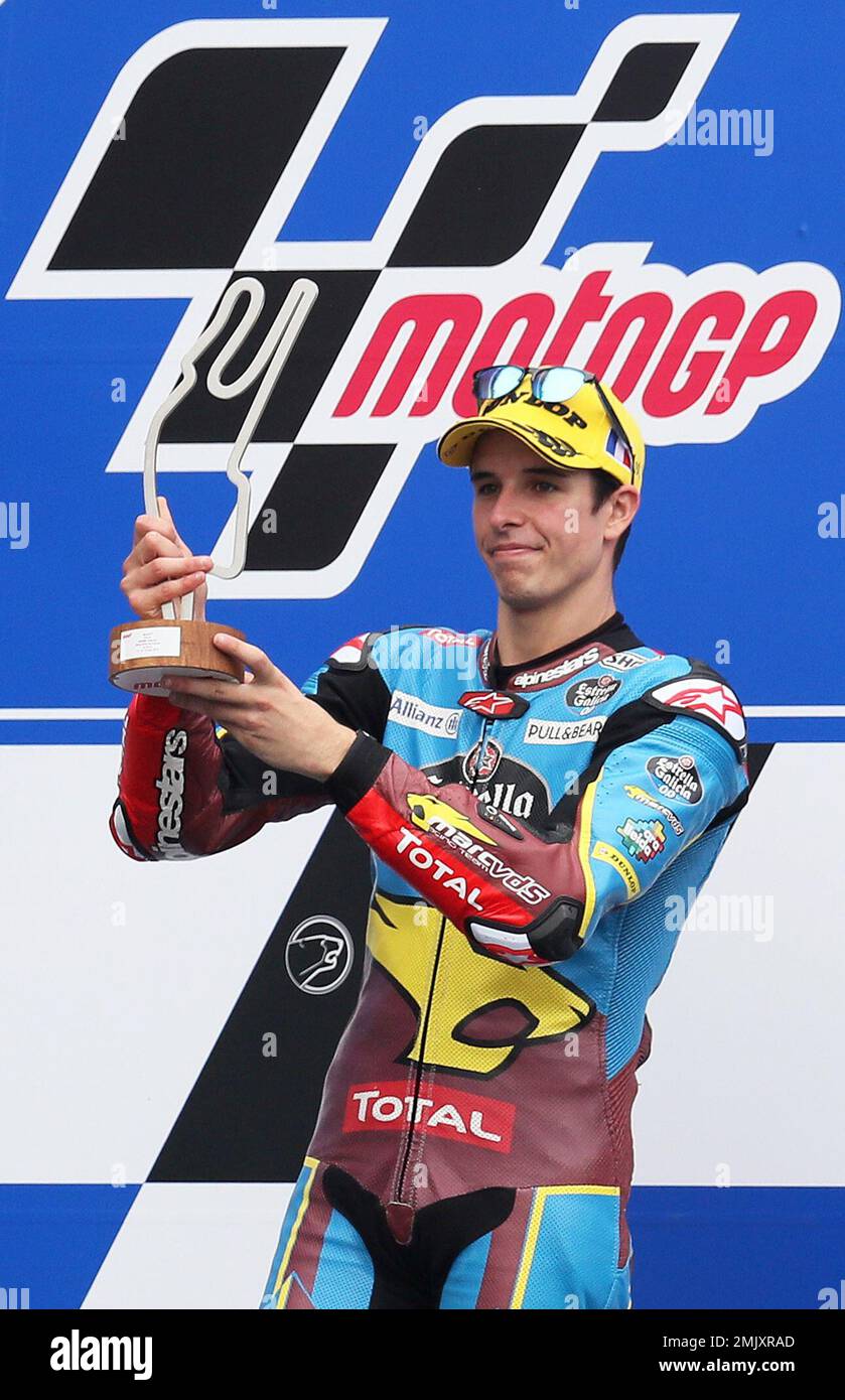 Rider Alex Marquez of Spain celebrates on the podium after winning the Moto  2 race of the French Motorcycle Grand Prix at the Le Mans racetrack, in Le  Mans, France, Sunday, May