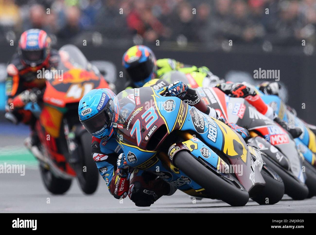 Moto2 rider Alex Marquez of Spain takes a curve during the French Motorcycle  Grand Prix at the Le Mans racetrack, in Le Mans, France, Sunday, May 19,  2019. (AP Photo/David Vincent Stock