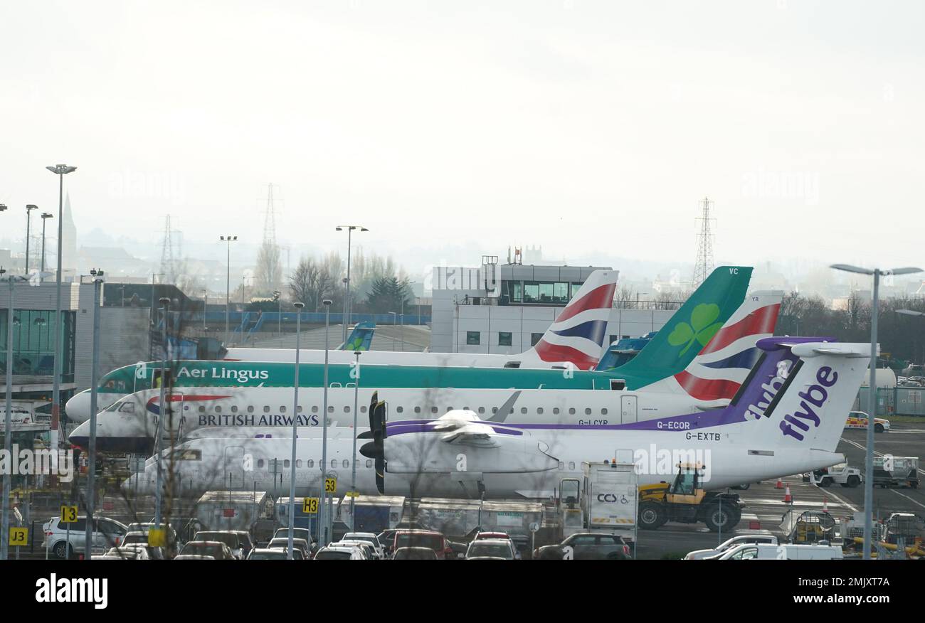 Two Flybe planes at Belfast City Airport. The regional carrier has ceased trading and all scheduled flights have been cancelled, authorities have said. Picture date: Saturday January 28, 2023. Stock Photo