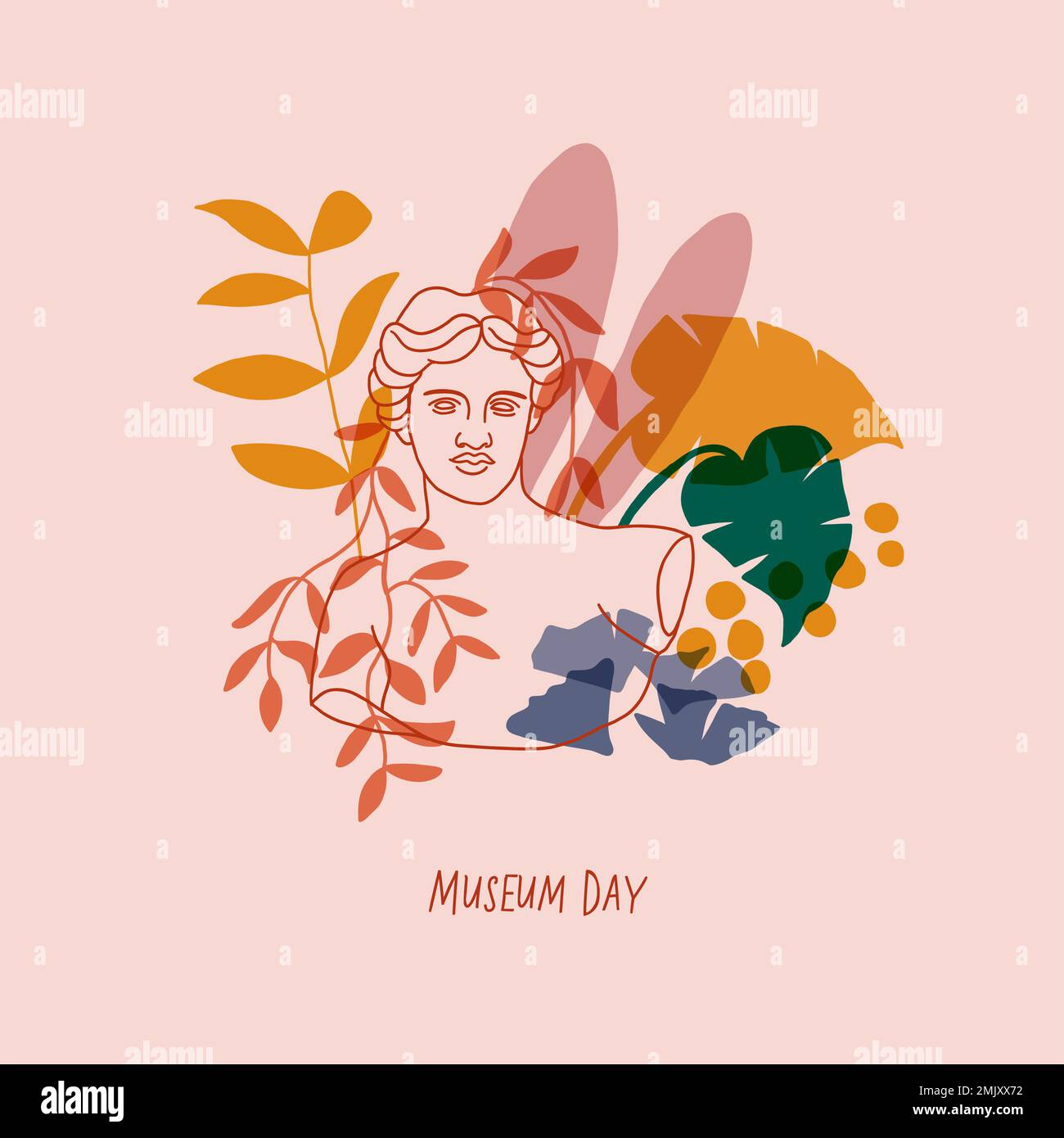Statue of Renaissance woman with flowers. Minimalistic illustration. Pink background. Museum day postcard, banner. Museum illustration. Vector illustration Stock Vector