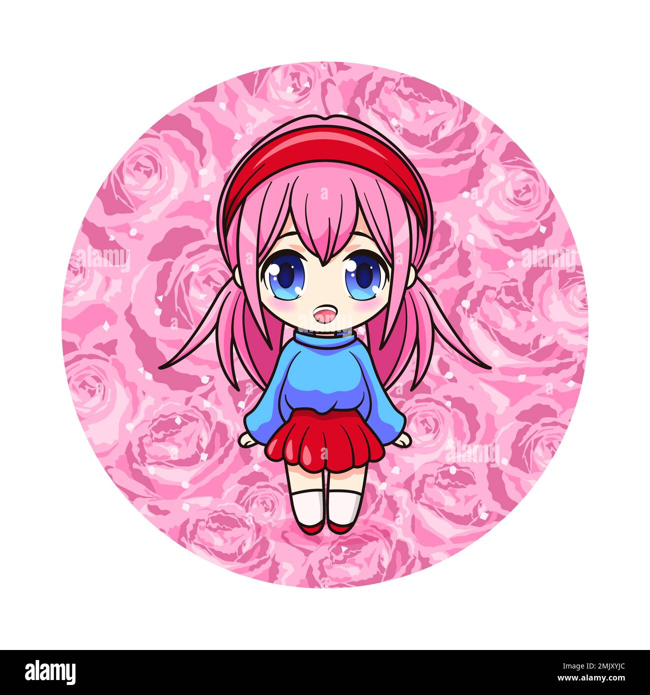 Cute and kawaii girl with pink roses. Manga chibi with flowers. Stock Vector