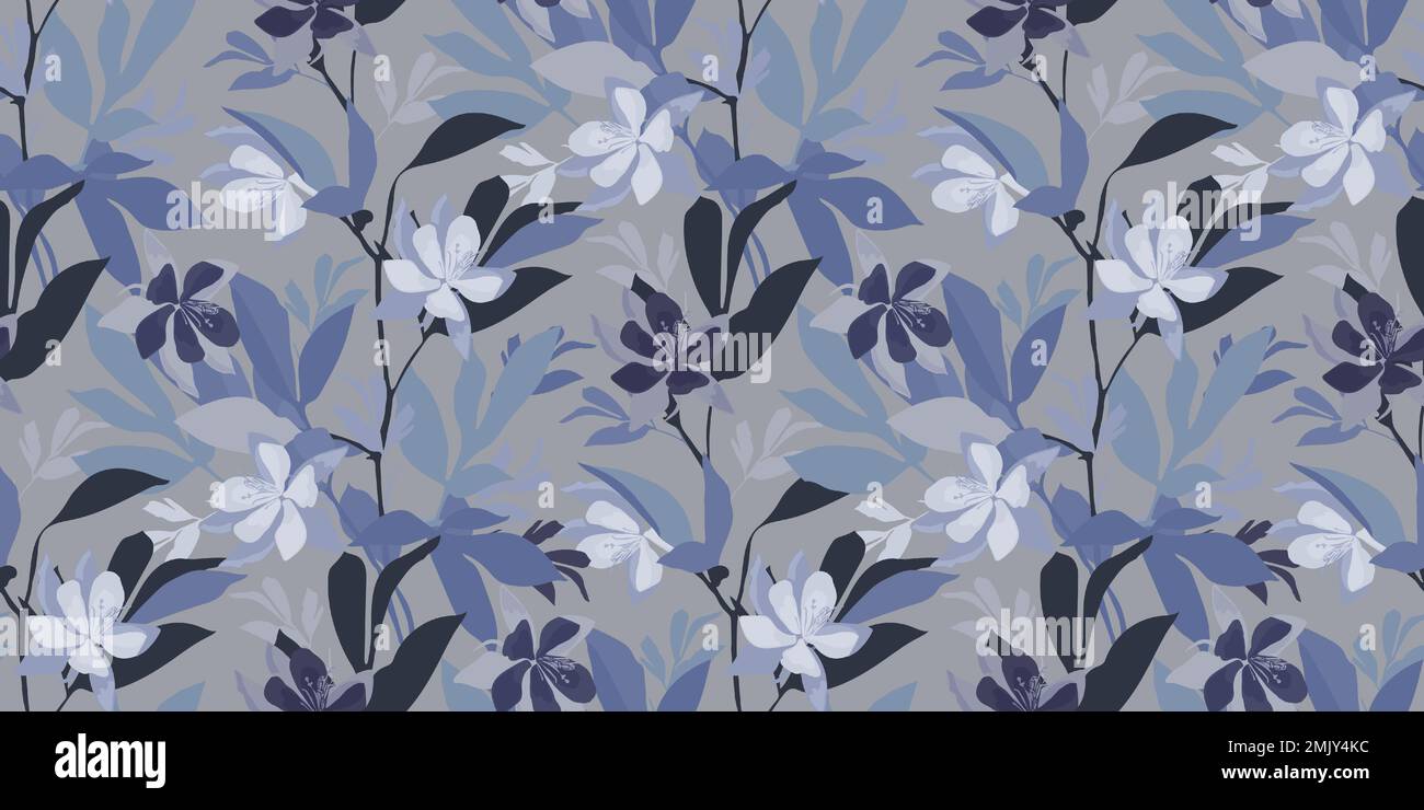Vector floral seamless pattern in shades of blue and purple. Aquilegia flowers. Stock Vector