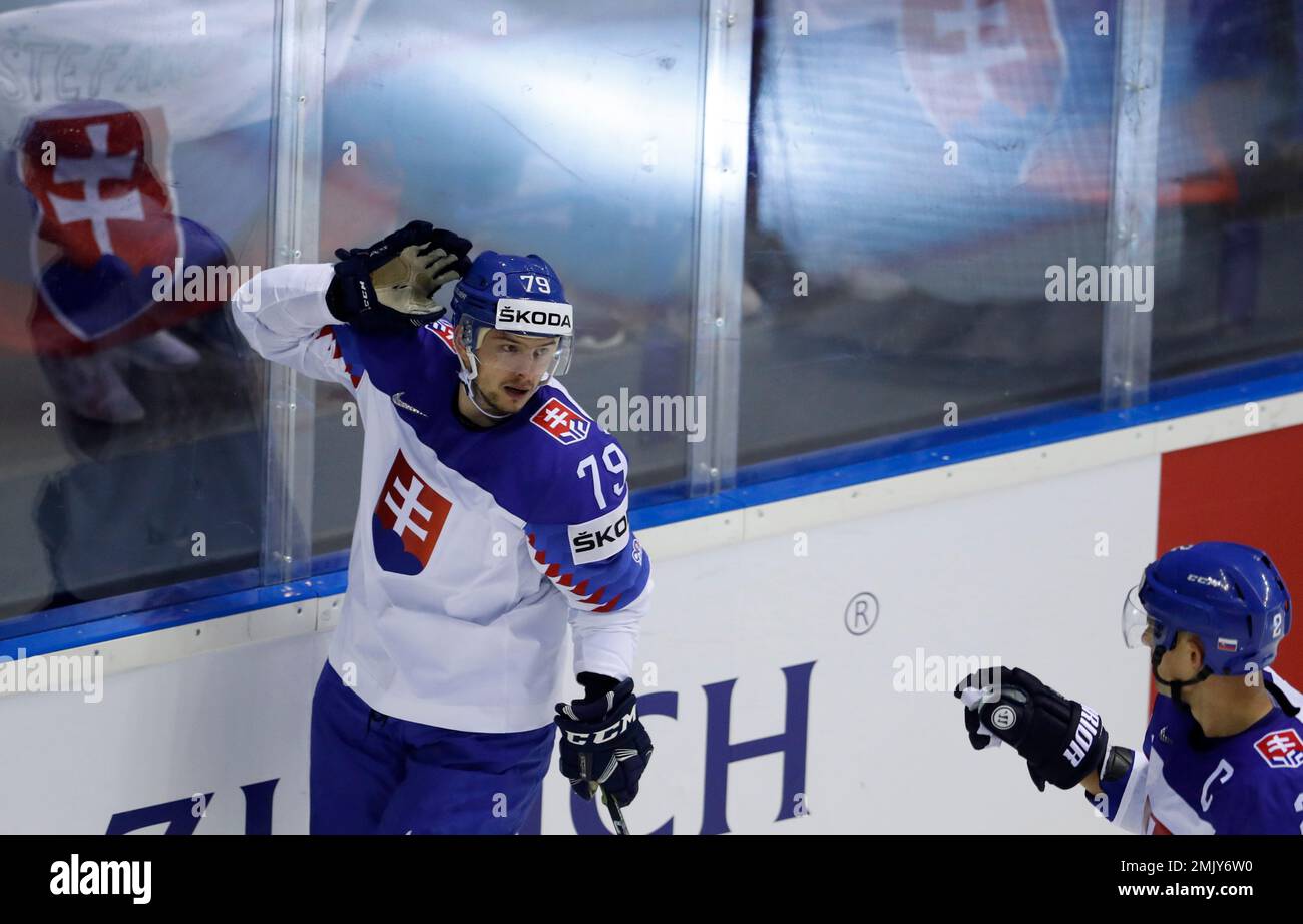 Slovakia's Andrej Sekera celebrates after scoring his sides first goal  during the Ice Hockey World Championships group A match between Great  Britain and Slovakia at the Steel Arena in Kosice, Slovakia, Saturday,