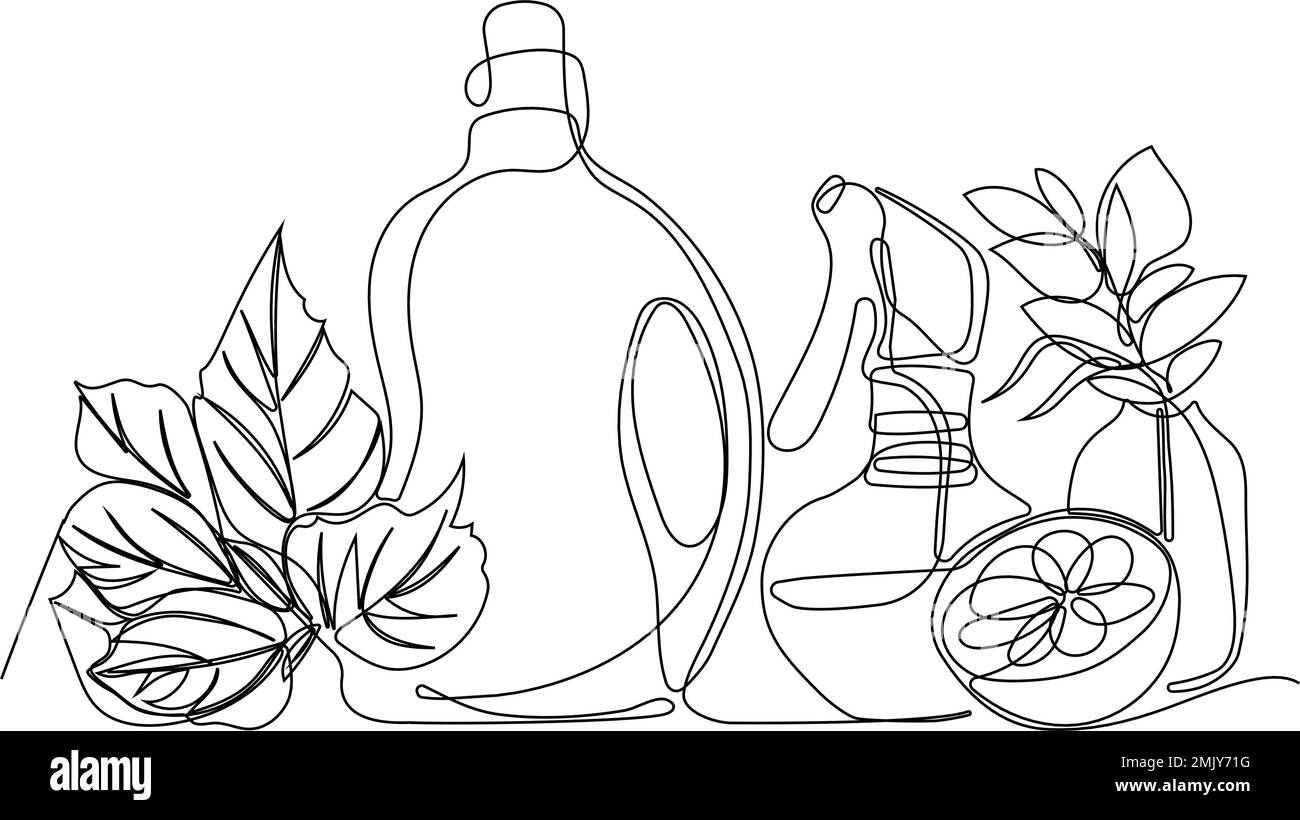 Continuous one line drawing of bottles for liquid laundry detergent