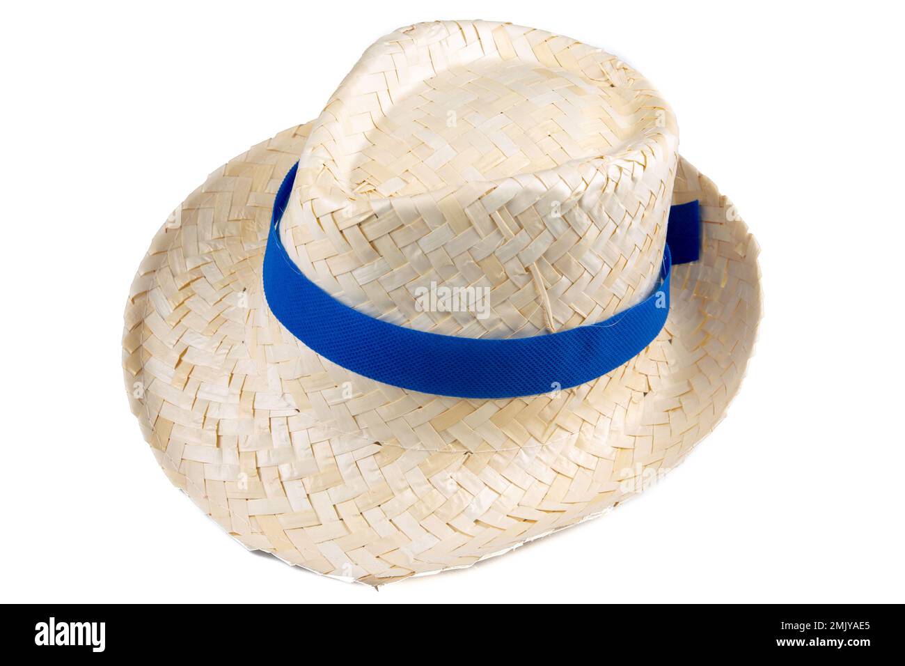 straw hat with a blue ribbon isolated on white background Stock Photo