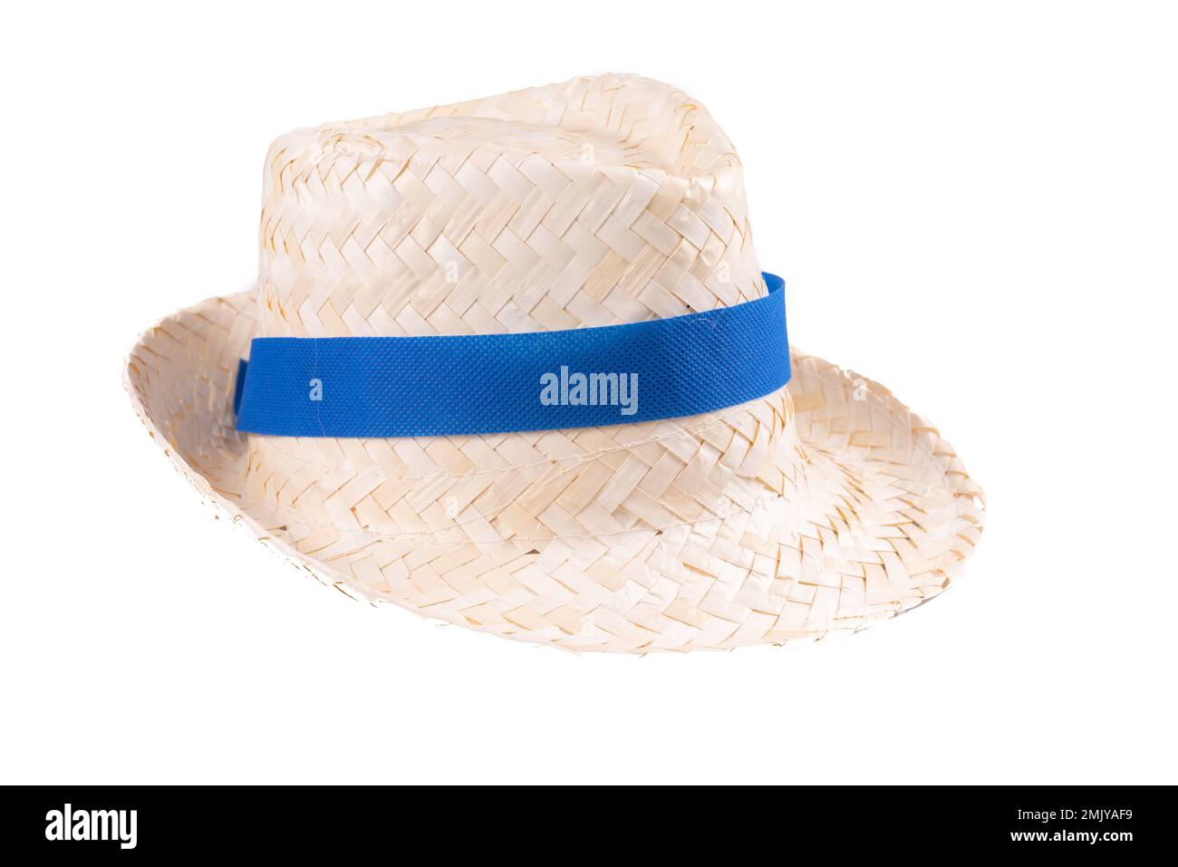 Close up of vintage summer straw hat with a blue ribbon Stock Photo