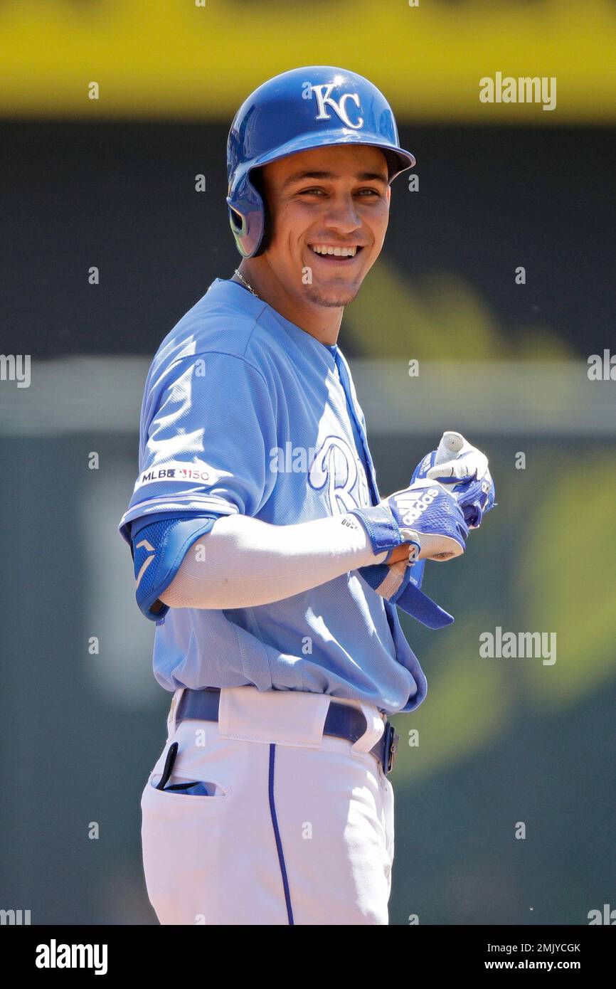 Kansas City Royals' Nicky Lopez celebrates on second after hitting a double  during the first inning of a baseball game against the Texas Rangers,  Thursday, May 16, 2019, in Kansas City, Mo. (