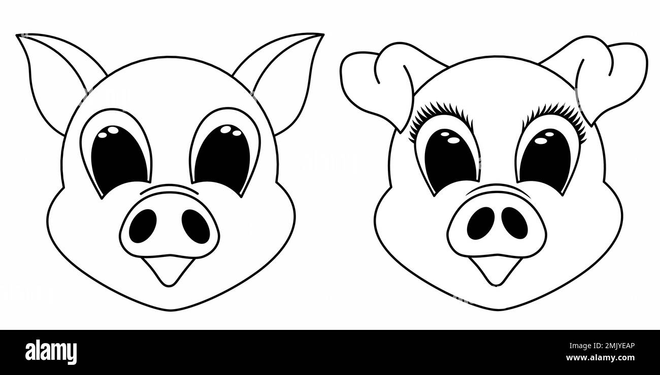 set girl and boy pig smiley face icon. Pig outline logo. Pork meat. Stock vector illustration. Stock Vector