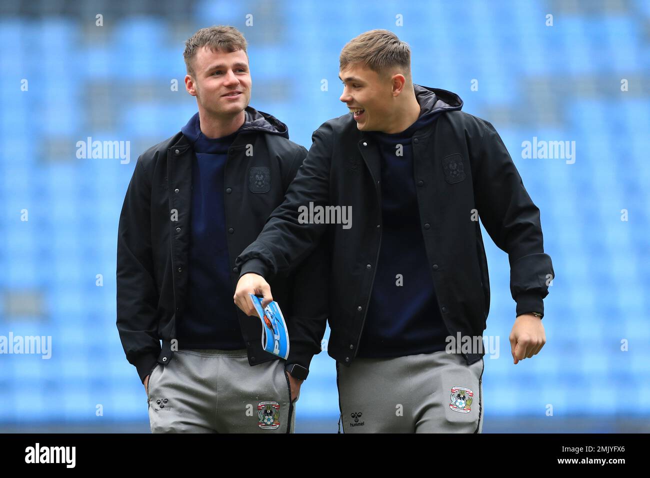 Coventry City's Jack Burroughs (left) and Coventry City's Callum Doyle inside the stadium before the Sky Bet Championship match at the Coventry Building Society Arena, Coventry. Picture date: Saturday January 28, 2023. Stock Photo