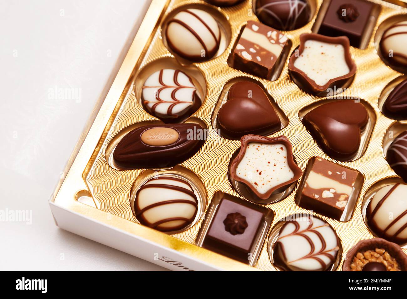 Zurich, Switzerland January, 7 2023 Lindt Mini Pralines Box. Close